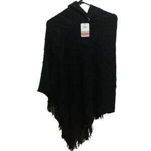 Bon Voyage Black Asymmetrical Fringe Hooded Poncho Sweater Small NWT